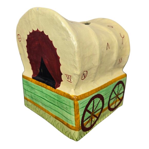 CLAY ART Covered Wagon Hand Painted Papier Mache Tissue Dispenser Box Cover - Picture 4 of 15